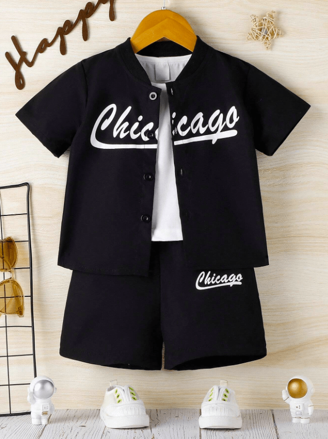 เซ็ตเสื้อเชิ้ตเด็กผู้ชาย กางเกงขาสั้น พร้อมเสื้อยืด